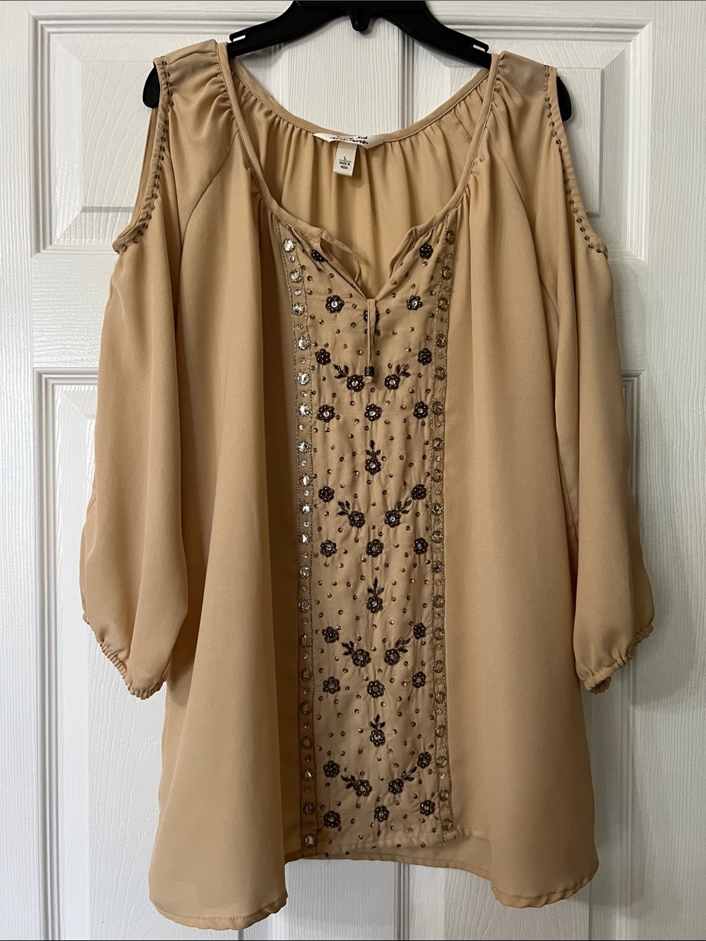 krazy kat Beige Cold-Shoulder Embellished Blouse